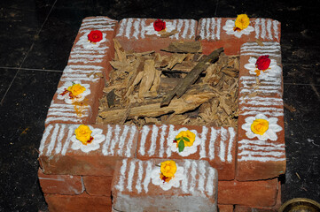 setup for Ganapathi Homam. South Indian Traditional Housewarming ceremony pooja.