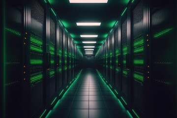 Obraz premium Data center with server room. Platform for hosting contemporary Internet contents. Rack housing server data storage hardware ,made with Generative AI