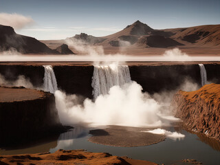 A mysterious barren landscape with hot springs and waterfalls. 