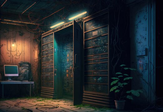 Cyberpunk data center room with mainframe storage servers, vintage cloud network concept, hosting databases and internet ,made with Generative AI