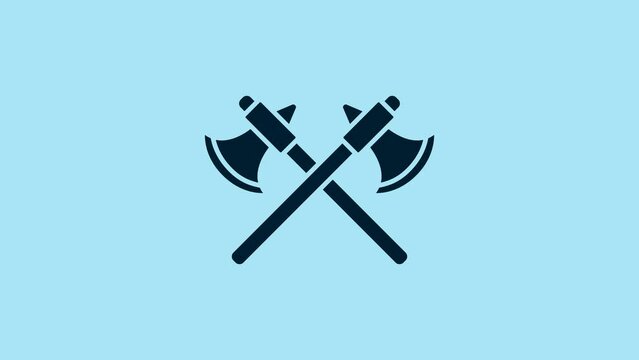 Blue Crossed medieval axes icon isolated on blue background. Battle axe, executioner axe. 4K Video motion graphic animation