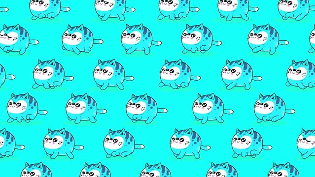Cat kawaii blue characters wallpaper walking on blue background. Cute children cartoon animation good as backdrop for intro, party, television programme, presentation, etc... Seamless loop.