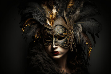 women with Carnival Venetian golden mask with feathers 