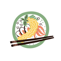 noodles with mussels and squid. hand drawn vector illustration in flat style