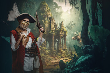 Art of buccaneer woman dressed in golden mask and costume on desert island.