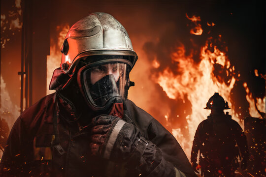 Portrait of crew of two firemen putting out fire rescuing people in burning building.