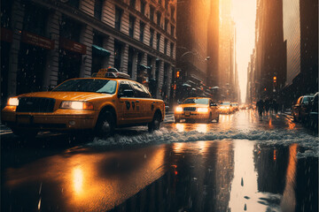 City taxi at night, New York city, generative AI