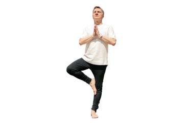 Retired old man of 60 years old training yoga pose asana, isolated transparent background.