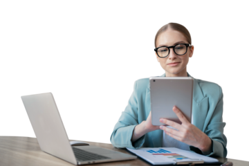 A young female designer using a laptop workplace, isolated transparent background.