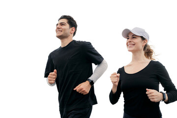 A couple of people a man and a woman are running runners fitness together two, isolated transparent...