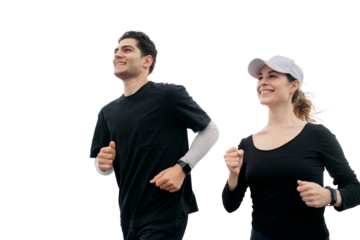A couple of people a man and a woman are running runners fitness together two, isolated transparent background.