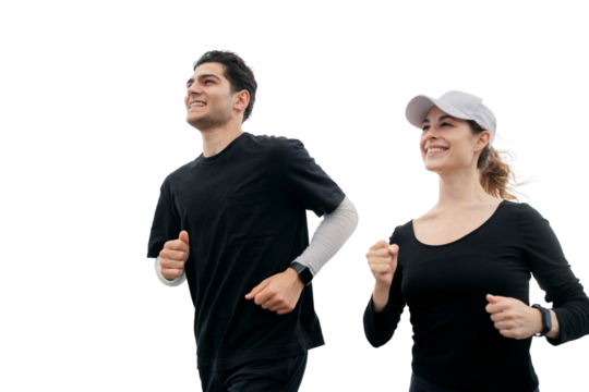 A couple of people a man and a woman are running runners fitness together two, isolated transparent background.