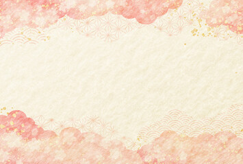 春　桜　ピンク　和柄　雲　水彩風　和紙　背景	