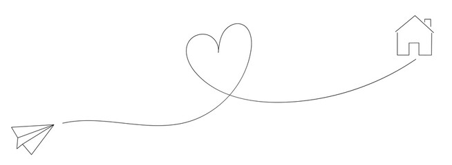 Airplane routes on white background. Romantic travel concept with heart line path. Airplane line path, vector icon of air plane flight route on white background. Vector illustration.