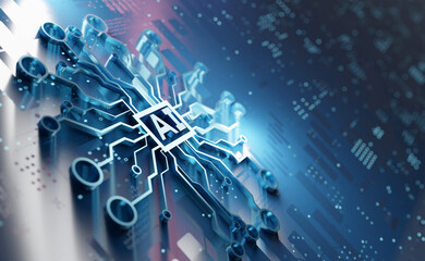 Artificial Intelligence (AI) machine learning innovation technology on circuit board, 3d rendering