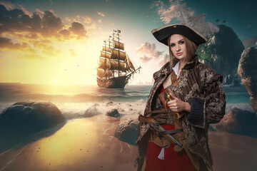 Attractive female buccaneer against background of sea and ship. High quality photo Shot of pirate...