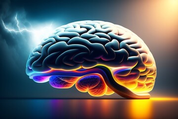 Illustration of a human brain with lightening background