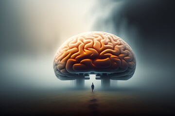 a concept illustration of a human brain structure and a human silhouette in a foggy atmosphere