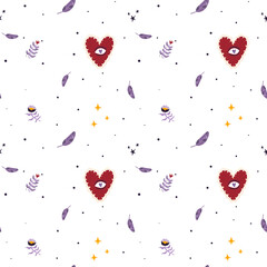 Groovy heart, eye and feather Seamless Pattern. Hippie Retro Style for Print on Textile, Wrapping Paper, Web Design and Social Media. Pink and Purple Colors.