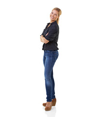 Full length shot of a young woman with her arms crossed and looking at the camera Isolated on a PNG background.