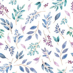 Seamless watercolor pattern with blue, pink twigs and flowers. Hand-painted leaves and flowers on a white background.Use it for postcards, invitations and scrapbooking.