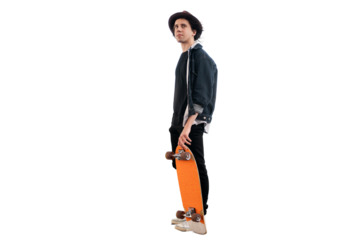 Hipster millennial young guy stands tall holding a skate, isolated, transparent background.
