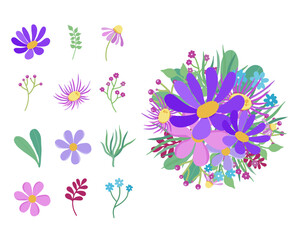 set of colorful spring summer vector flowers, floral bouquet 
