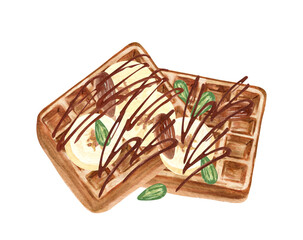 Watercolor hand drawn Belgium waffle isolated elements. Bakery clipart set. Illustration for menu desing.