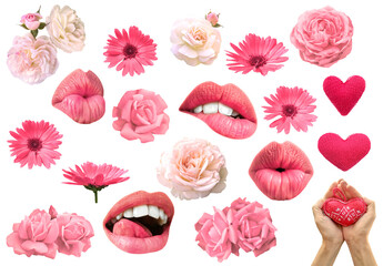 Valentines Day. Romantic set of roses and lips for valentine day and love illustration.  Lips sending you hot gentle kiss isolated on a transparent background. 