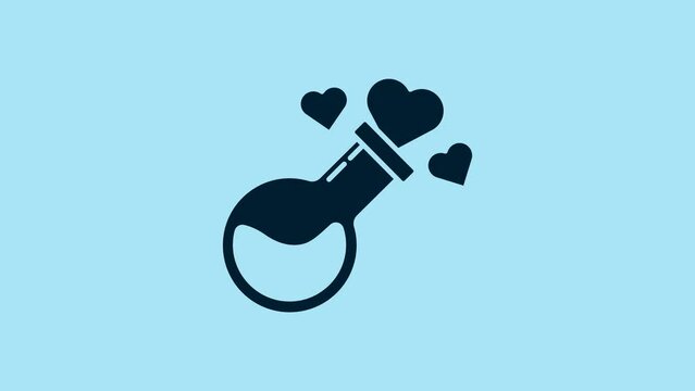 Blue Bottle with love potion icon isolated on blue background. Valentines day symbol. 4K Video motion graphic animation