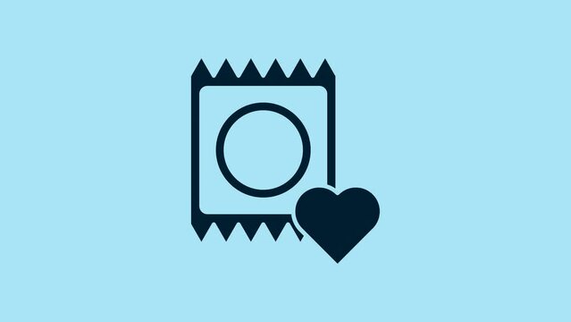 Blue Condom in package icon isolated on blue background. Safe love symbol. Contraceptive method for male. 4K Video motion graphic animation