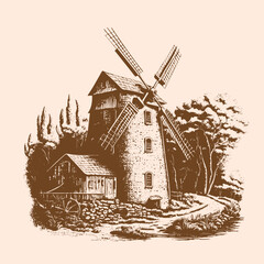 Mill in graphic style. Illustration hand drawn doodle. Generative AI