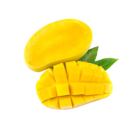 Mango fruit with mango cubes and slices. Isolated on a white background.