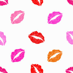 Kiss seamless pattern. Colorful lipstick kiss on white background. Vector design. 