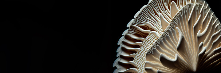 Close up of the gills of a mushroom on a black background suitable for website banners. Generative AI