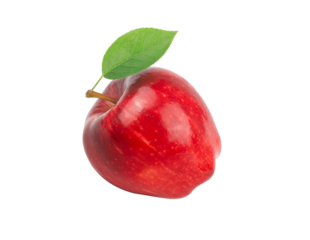 Ripe red apple fruit and green apple leaf isolated on white background. Apples and leaf. full depth of field.