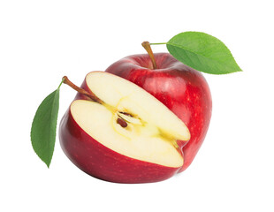 Ripe red apple fruit with apple half and green apple leaf isolated on white background. Apples and...