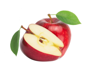 Ripe red apple fruit with apple half and green apple leaf isolated on white background. Apples and leaf. full depth of field.