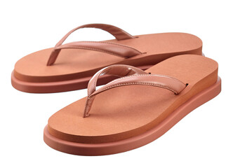 Pair of red-brown flip-flops with genuine leather straps on a massive sole. The trend of the season.