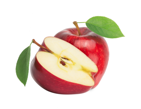 Ripe red apple fruit with apple half and green apple leaf isolated on white background. Apples and leaf. full depth of field.