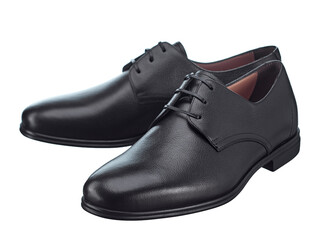 Beautiful pair of classic men's shoes made of high-quality black leather, lace-up, with a leather sole, isolated on a white background. - 565322125