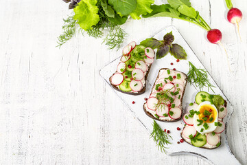 Healthy sandwiches with radish, cucumber, egg, curd cheese, sprinkled with green onions and pink pepper. Copy space