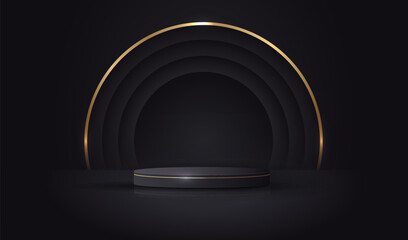 Empty black podium presentation display studio with shine gold light lines and dark circles vector on black background. - 565322312