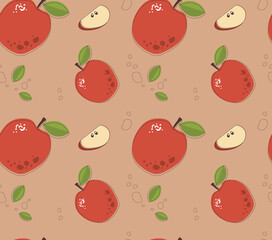 Vector seamless pattern of apple halves  and leaves on pink background.