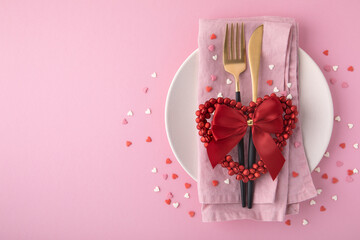 Valentine's Day background. A set of golden cutlery and pink napkin on plate with hearts confetti