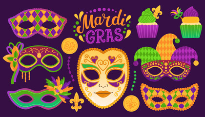 Fototapeta na wymiar Mardi gras set carnival party elements. Fat tuesday, carnival, festival. Greeting card, banner, gift packaging, poster