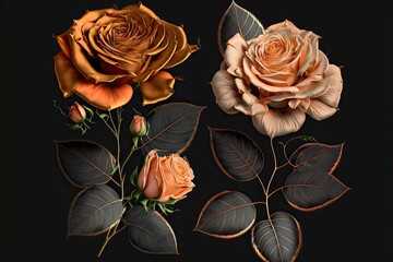 Beautiful roses, flowers on a dark background, soft and romantic vintage filter, looking like an old painting, Generative ai
