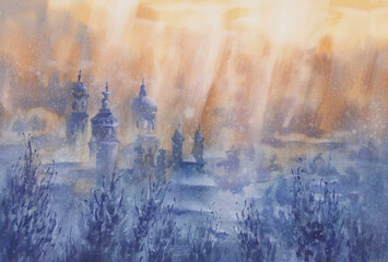 Vilnius old city panorama in winter watercolor background