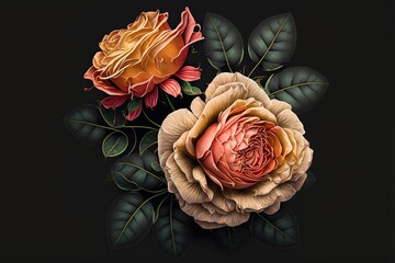 Beautiful roses, flowers on a dark background, soft and romantic vintage filter, looking like an old painting, Generative ai
