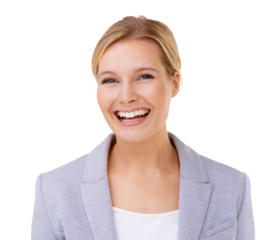 Head and shoulders shot of a pretty blonde facing frontward and smiling looking at the camera Isolated on a PNG background.